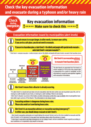 Check the key evacuation information and evacuate during a typhoon and or heavy rain.